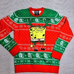 SpongeBob SquarePants Ugly Christmas Sweater Mens Small Red Green Excellent Knit